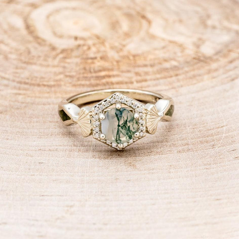 "LUCY IN THE SKY" PETITE - ROUND MOSS AGATE ENGAGEMENT RING WITH DIAMOND HALO, MOSS INLAYS & GINKGO LEAVES ACCENTS-4