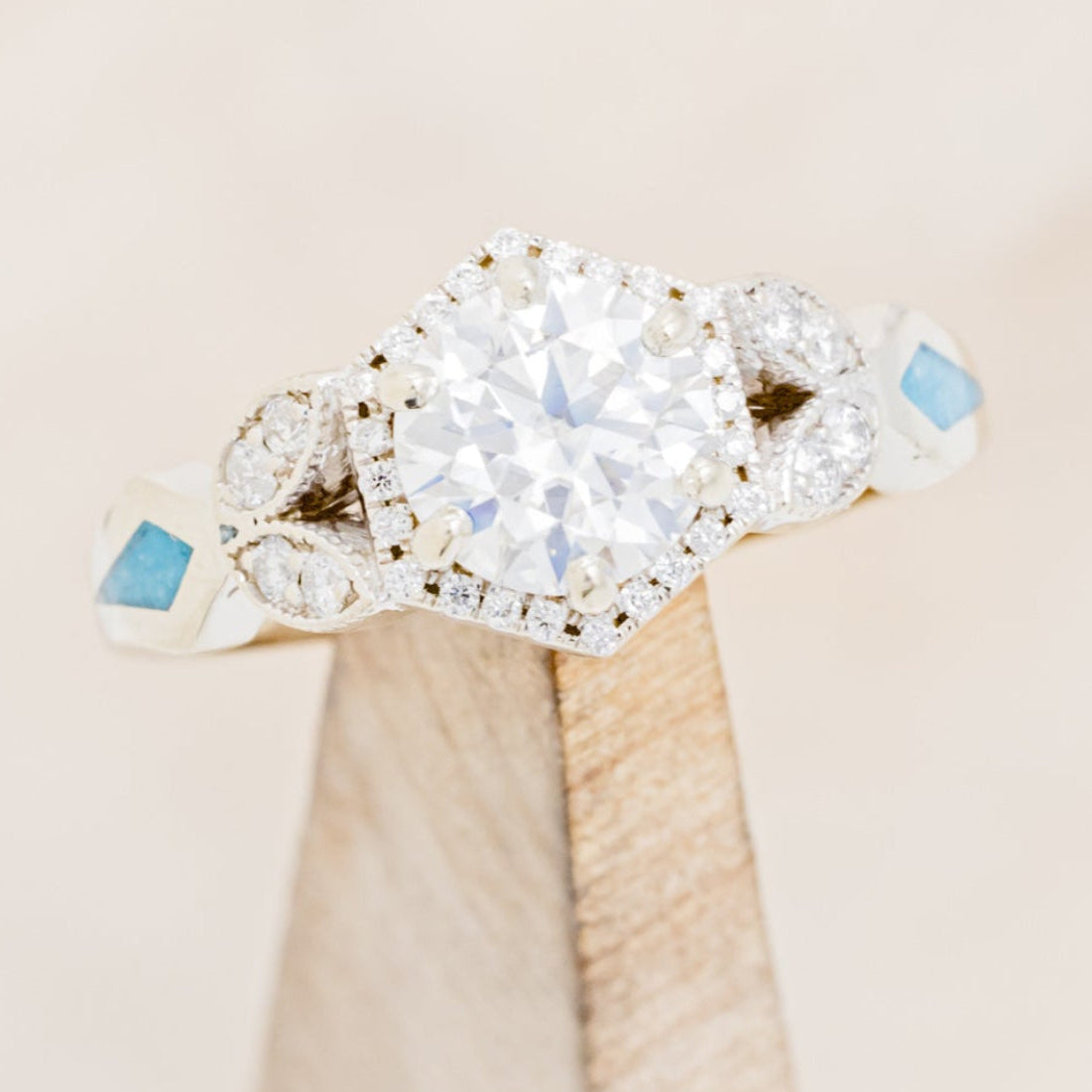 "LUCY IN THE SKY" PETITE - ROUND CUT MOISSANITE ENGAGEMENT RING WITH DIAMOND ACCENTS & TURQUOISE INLAYS-13