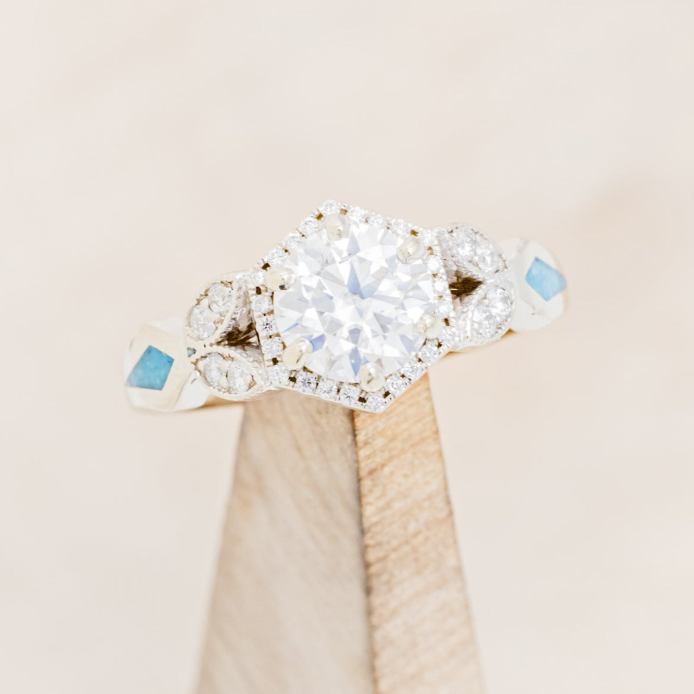 "LUCY IN THE SKY" PETITE - ROUND CUT MOISSANITE ENGAGEMENT RING WITH DIAMOND ACCENTS & TURQUOISE INLAYS-13