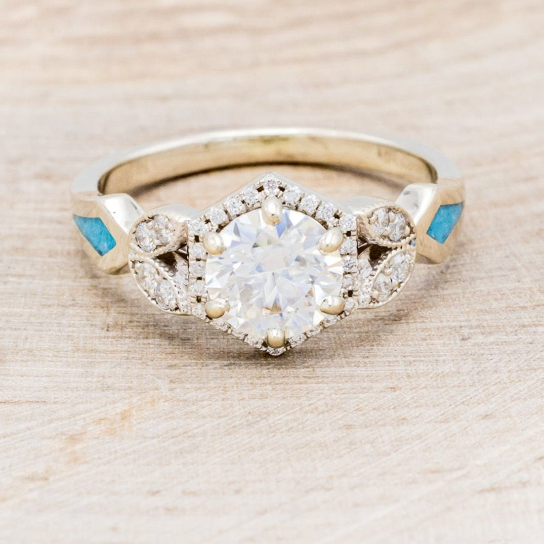 "LUCY IN THE SKY" PETITE - ROUND CUT MOISSANITE ENGAGEMENT RING WITH DIAMOND ACCENTS & TURQUOISE INLAYS-15