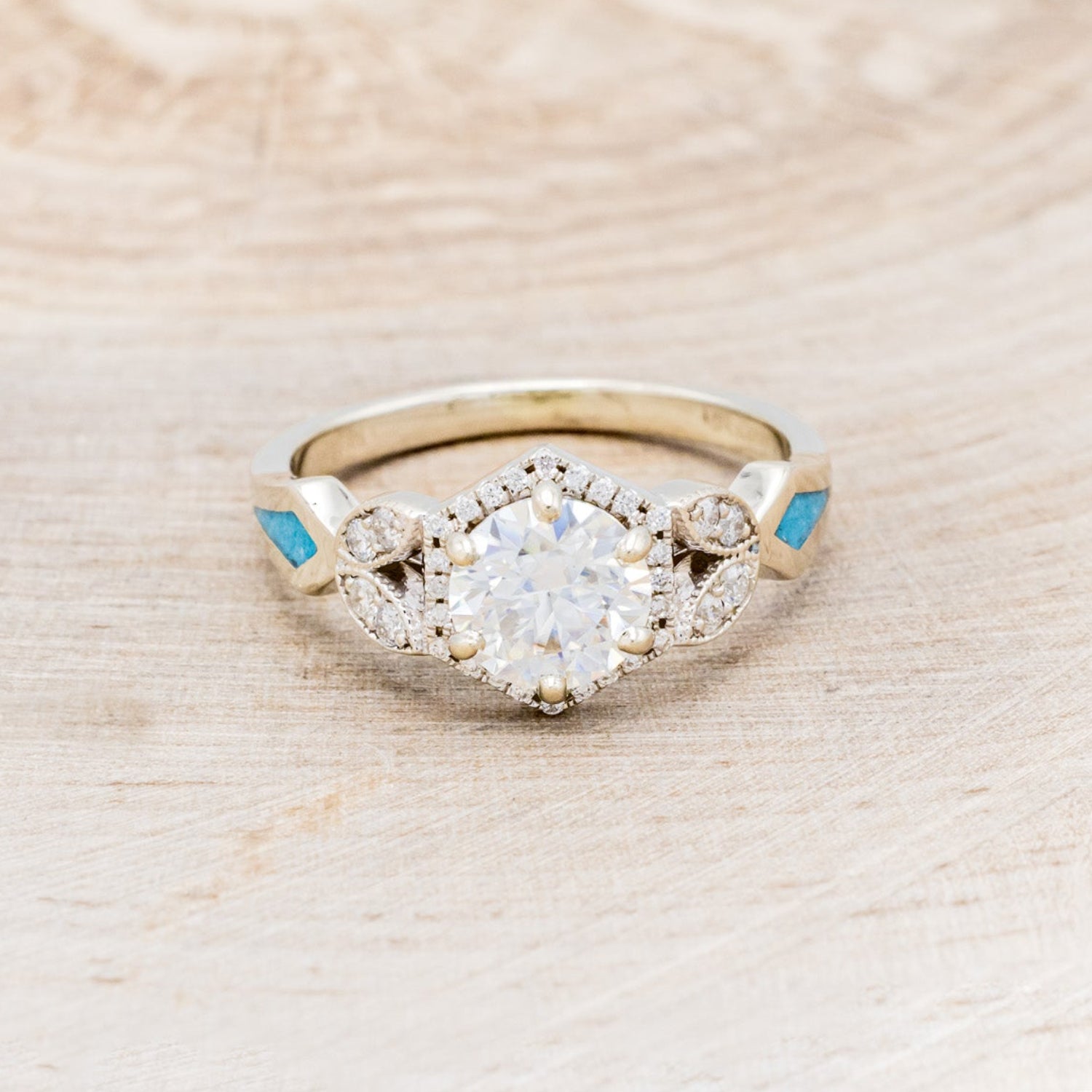 "LUCY IN THE SKY" PETITE - ROUND CUT MOISSANITE ENGAGEMENT RING WITH DIAMOND ACCENTS & TURQUOISE INLAYS-15
