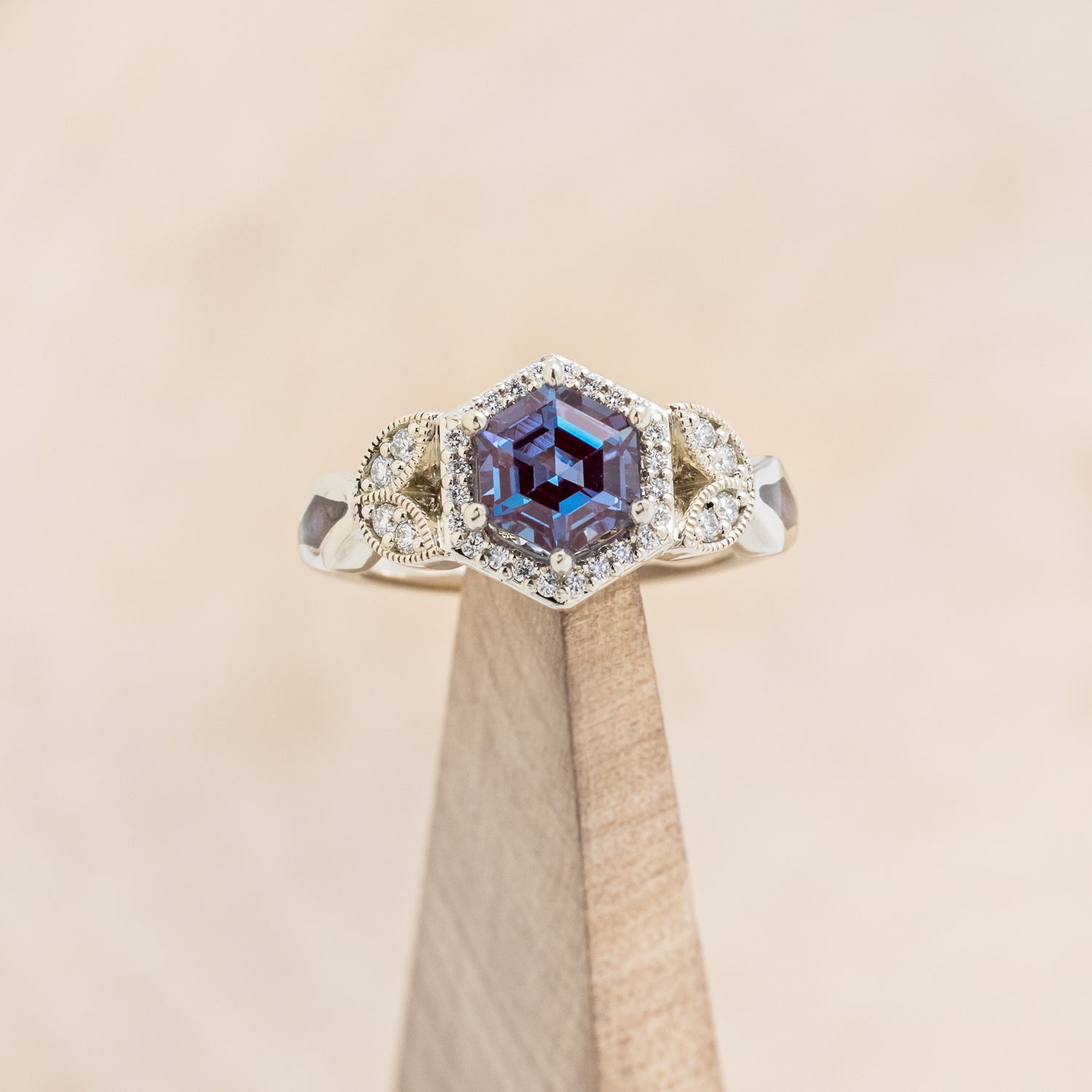 "LUCY IN THE SKY" PETITE - HEXAGON CUT LAB-GROWN ALEXANDRITE ENGAGEMENT RING WITH DIAMOND ACCENTS & COSMIC ACRYLIC INLAYS-7