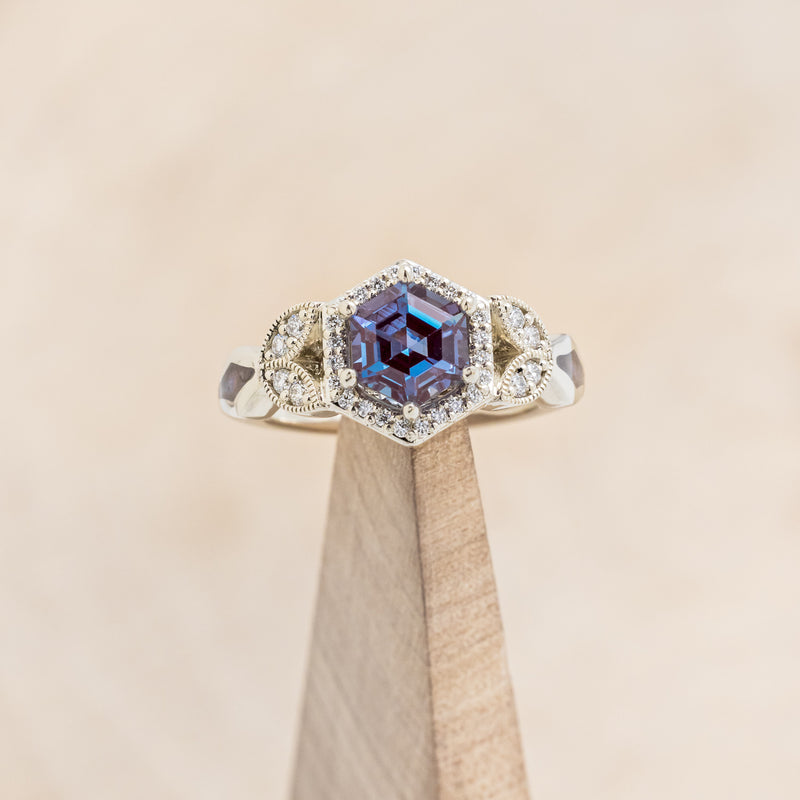 "LUCY IN THE SKY" PETITE - HEXAGON CUT LAB-GROWN ALEXANDRITE ENGAGEMENT RING WITH DIAMOND ACCENTS & COSMIC ACRYLIC INLAYS