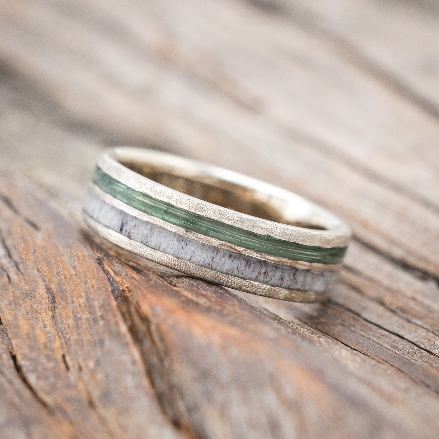"RAPTOR" - ANTLER & FISHING LINE WEDDING RING FEATURING A HAMMERED BAND-Staghead Designs