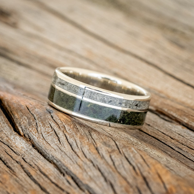 "RAPTOR" - MOSS WITH MOLDAVITE & MOONSTONE MIX WEDDING BAND-8