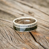 "RAPTOR" - MOSS WITH MOLDAVITE & MOONSTONE MIX WEDDING BAND-9