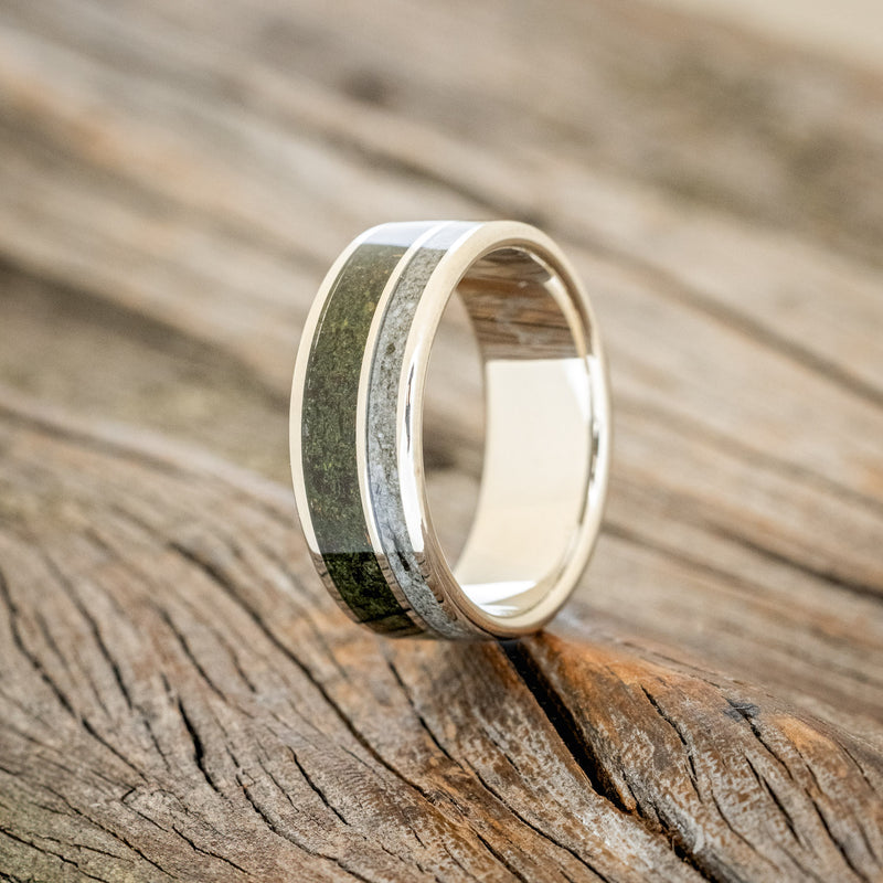 "RAPTOR" - MOSS WITH MOLDAVITE & MOONSTONE MIX WEDDING BAND-7