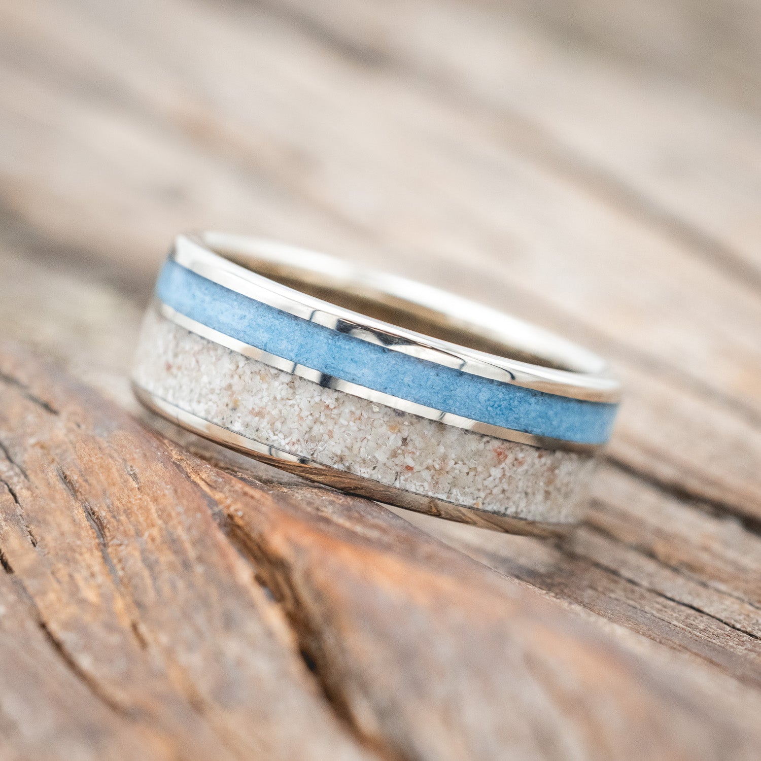 "RAPTOR" - TURQUOISE & SAND INLAY WEDDING BAND-Staghead Designs