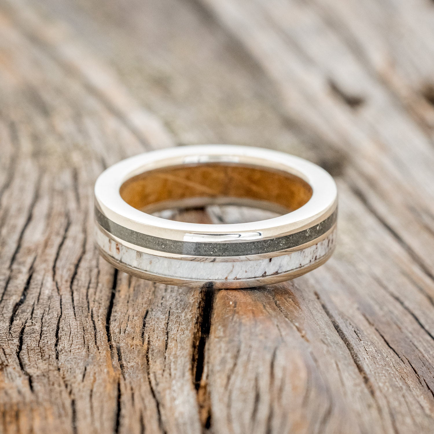 "RAPTOR" - ELK ANTLER & PYRITE WEDDING BAND WITH A WHISKEY BARREL OAK LINING-3