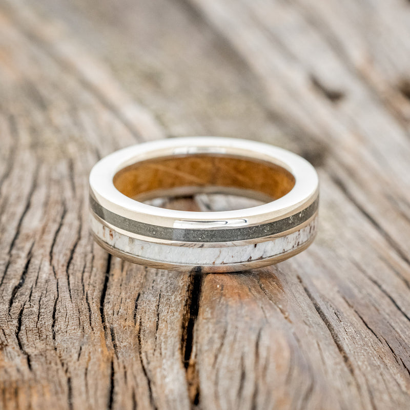 "RAPTOR" - ELK ANTLER & PYRITE WEDDING BAND WITH A WHISKEY BARREL OAK LINING-3