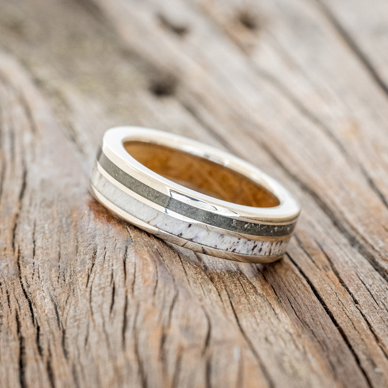 "RAPTOR" - ELK ANTLER & PYRITE WEDDING BAND WITH A WHISKEY BARREL OAK LINING-2