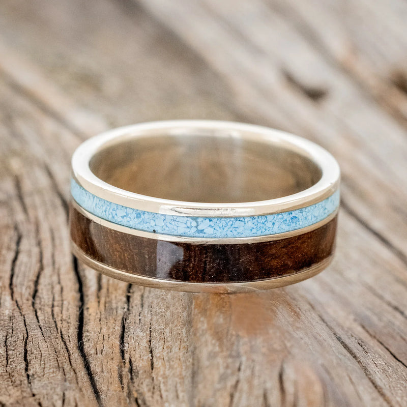 "RAPTOR" - IRONWOOD & TURQUOISE WEDDING BAND - 14K WHITE GOLD - SIZE 10-3