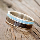 "RAPTOR" - IRONWOOD & TURQUOISE WEDDING BAND - 14K WHITE GOLD - SIZE 10-2