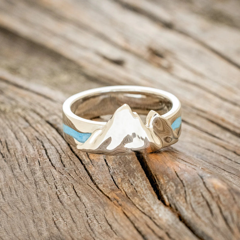 "REINHOLD" - MOUNTAIN RANGE WEDDING BAND WITH TURQUOISE RIVER - 14K WHITE GOLD - SIZE 9 3/4-3