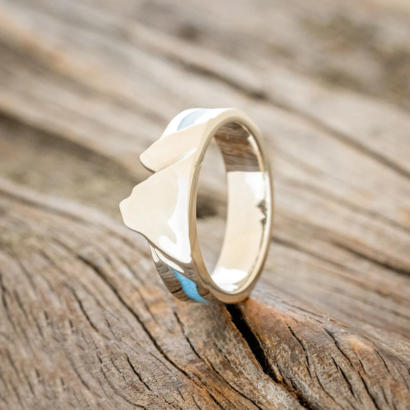 "REINHOLD" - MOUNTAIN RANGE WEDDING BAND WITH TURQUOISE RIVER - 14K WHITE GOLD - SIZE 9 3/4-2