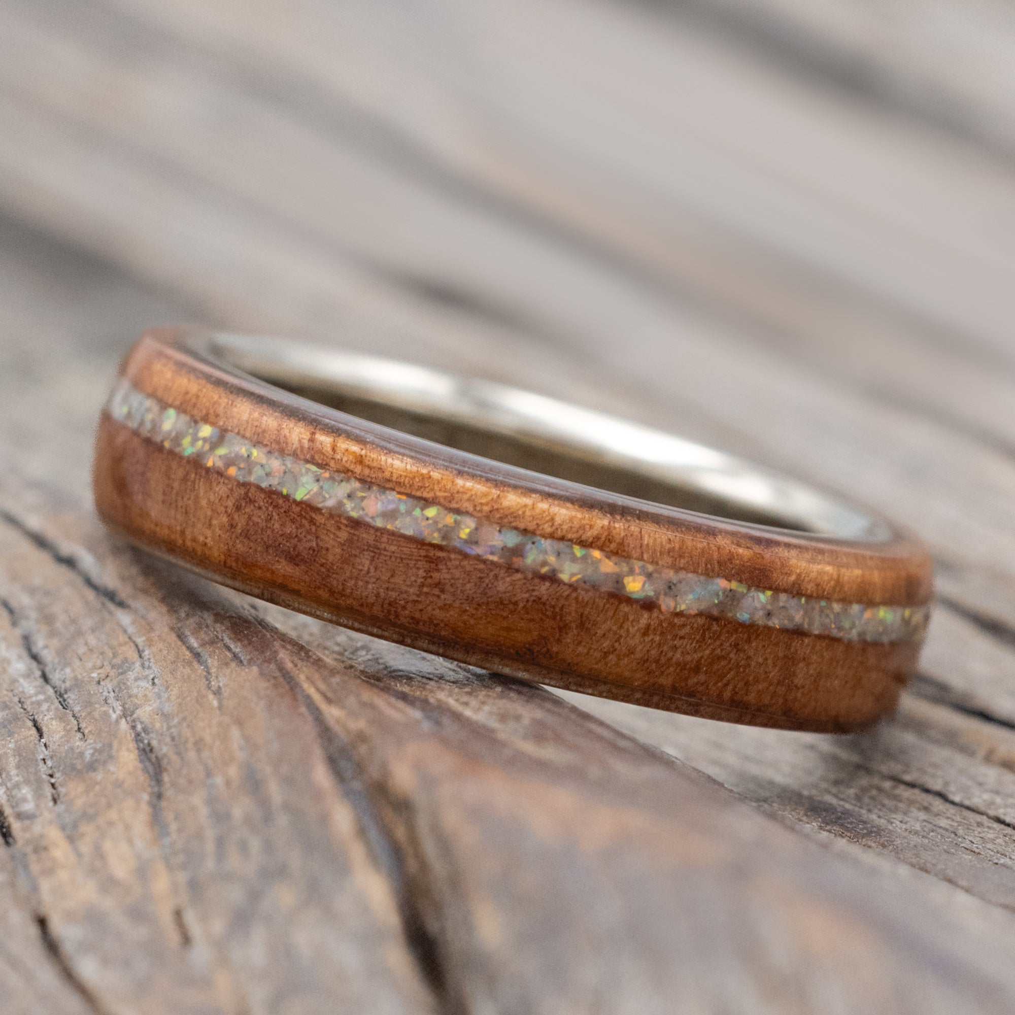 "REMMY" - REDWOOD AND FIRE & ICE OPAL INLAY WEDDING RING-Staghead Designs