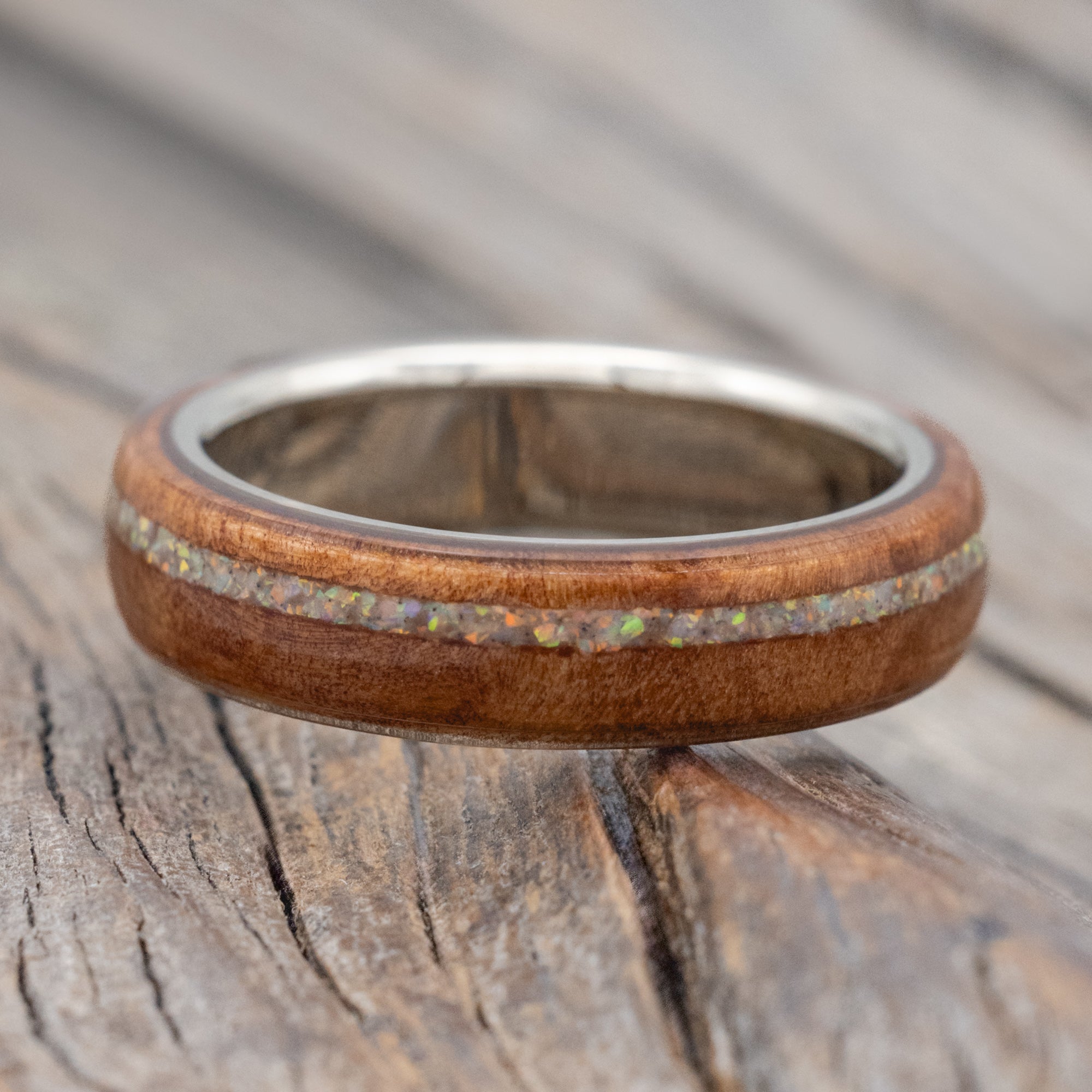 "REMMY" - REDWOOD AND FIRE & ICE OPAL INLAY WEDDING RING-Staghead Designs