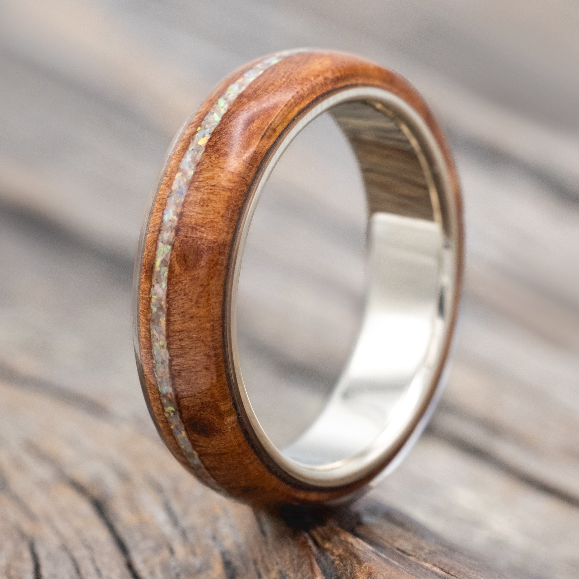 "REMMY" - REDWOOD AND FIRE & ICE OPAL INLAY WEDDING RING-Staghead Designs