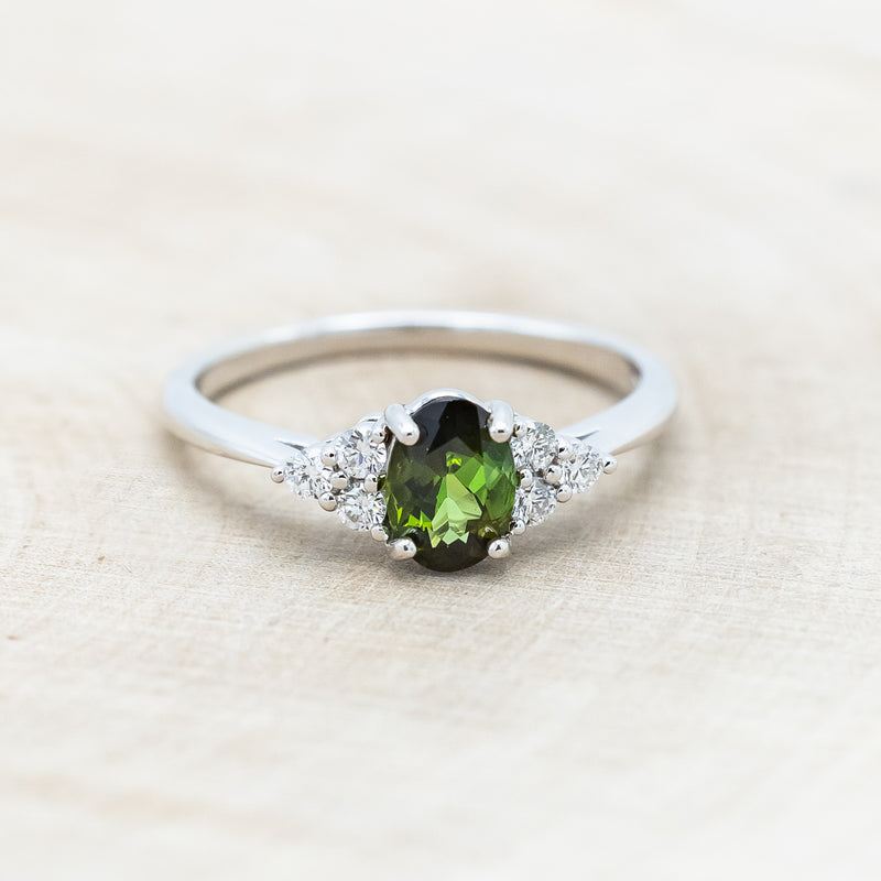 "RHEA" - OVAL GREEN TOURMALINE ENGAGEMENT RING WITH DIAMOND ACCENTS-Staghead Designs