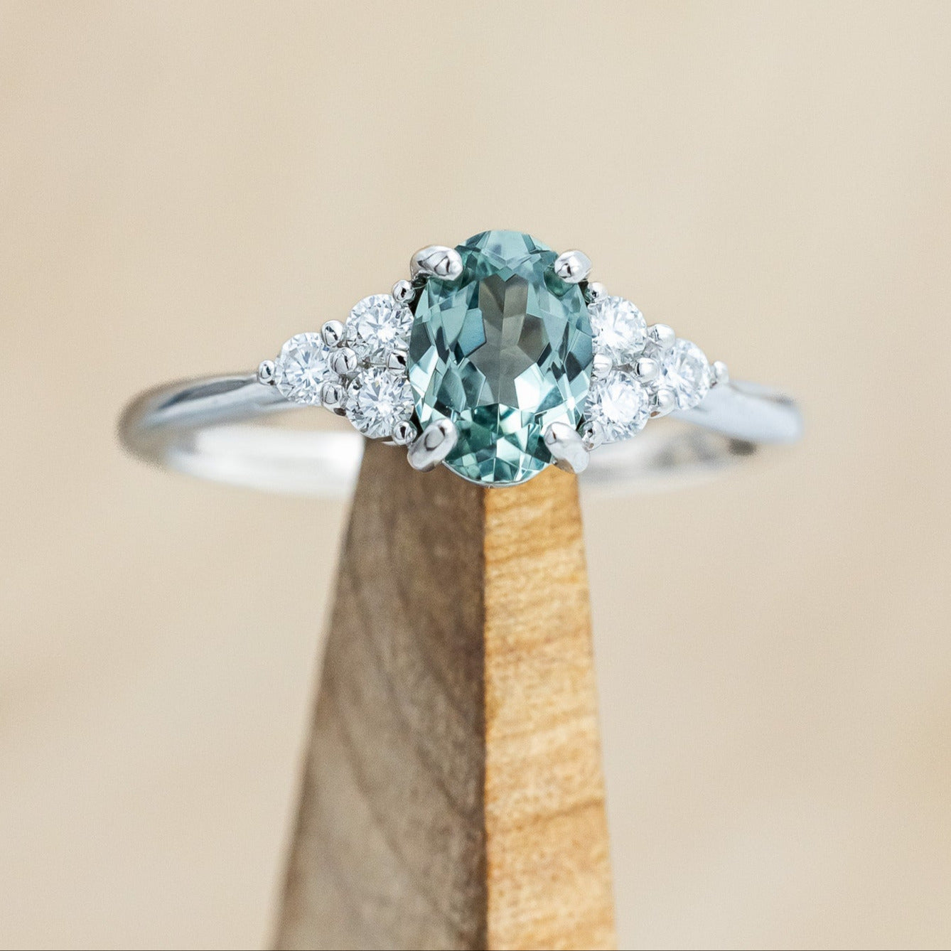 "RHEA" - OVAL LAB-GROWN GREEN SAPPHIRE ENGAGEMENT RING WITH DIAMOND ACCENTS-Staghead Designs