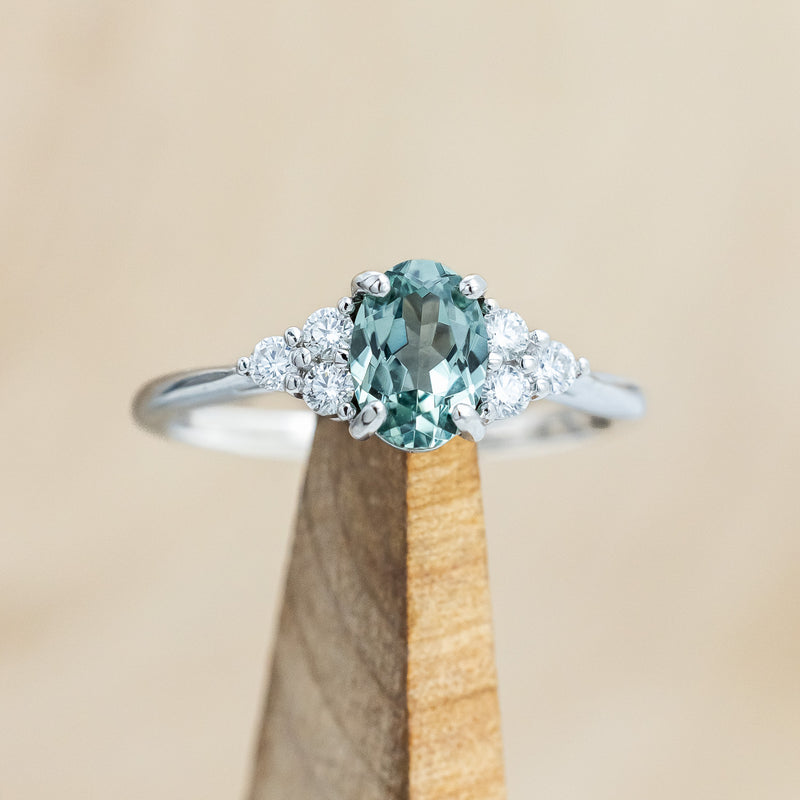 "RHEA" - OVAL LAB-GROWN GREEN SAPPHIRE ENGAGEMENT RING WITH DIAMOND ACCENTS-Staghead Designs