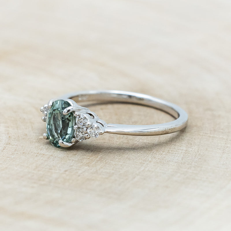 "RHEA" - OVAL LAB-GROWN GREEN SAPPHIRE ENGAGEMENT RING WITH DIAMOND ACCENTS-Staghead Designs