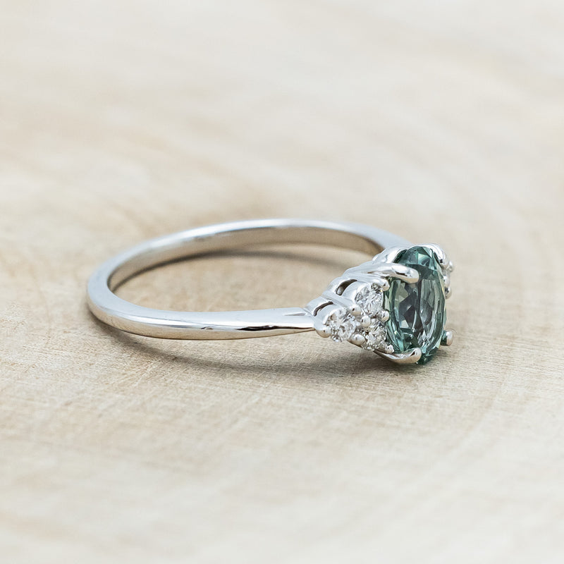 "RHEA" - OVAL LAB-GROWN GREEN SAPPHIRE ENGAGEMENT RING WITH DIAMOND ACCENTS-Staghead Designs