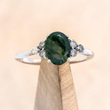 "RHEA" - OVAL MOSS AGATE ENGAGEMENT RING WITH SALT & PEPPER DIAMOND ACCENTS