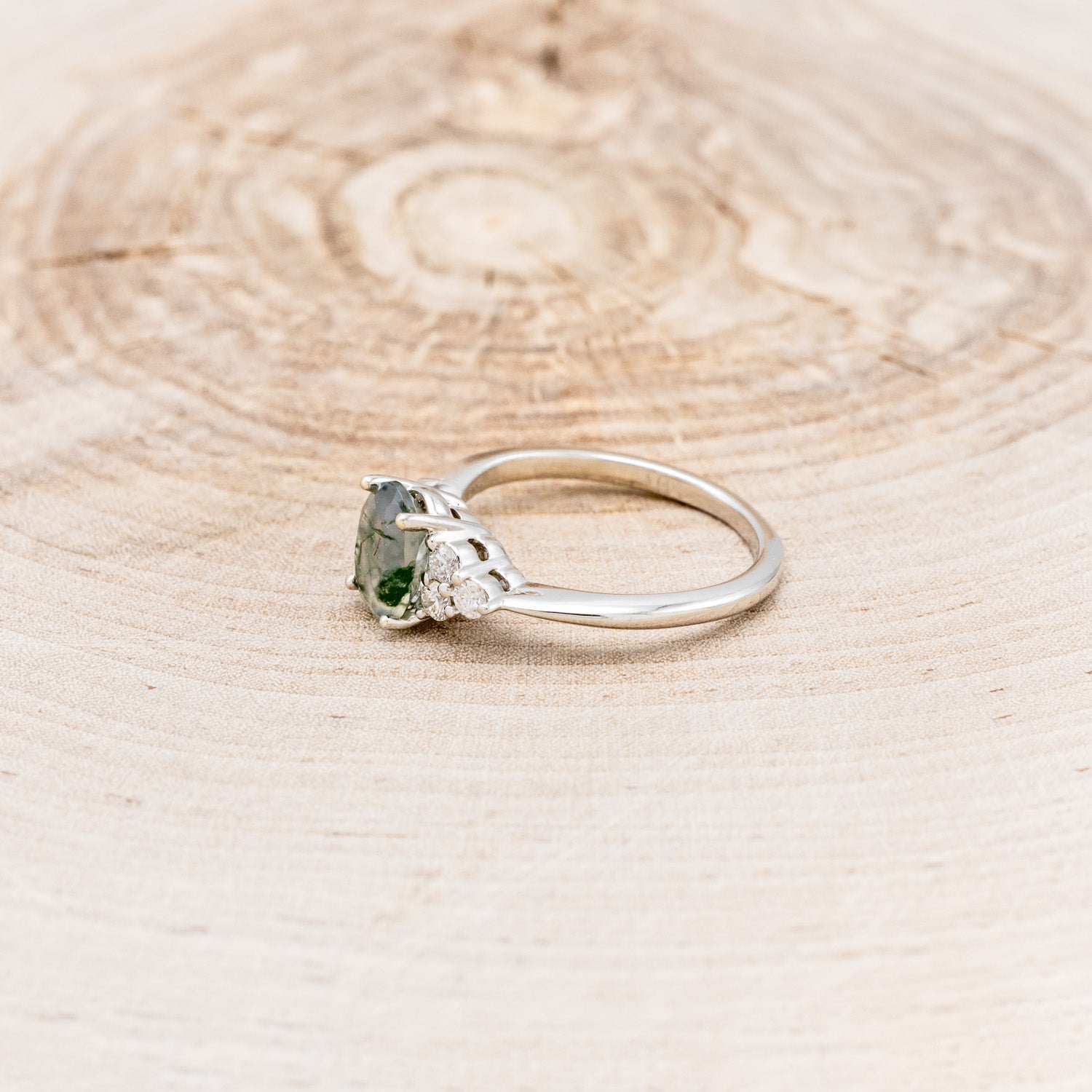 "RHEA" - OVAL MOSS AGATE ENGAGEMENT RING WITH DIAMOND ACCENTS - EXPEDITED-13