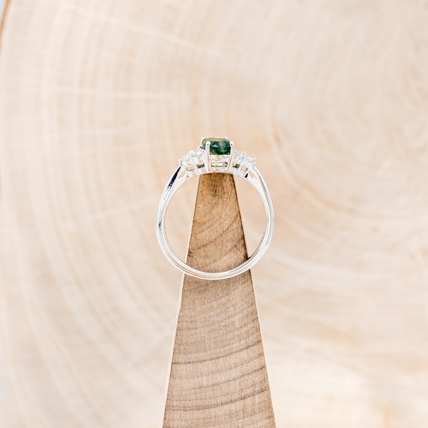 "RHEA" - OVAL MOSS AGATE ENGAGEMENT RING WITH DIAMOND ACCENTS - EXPEDITED-16