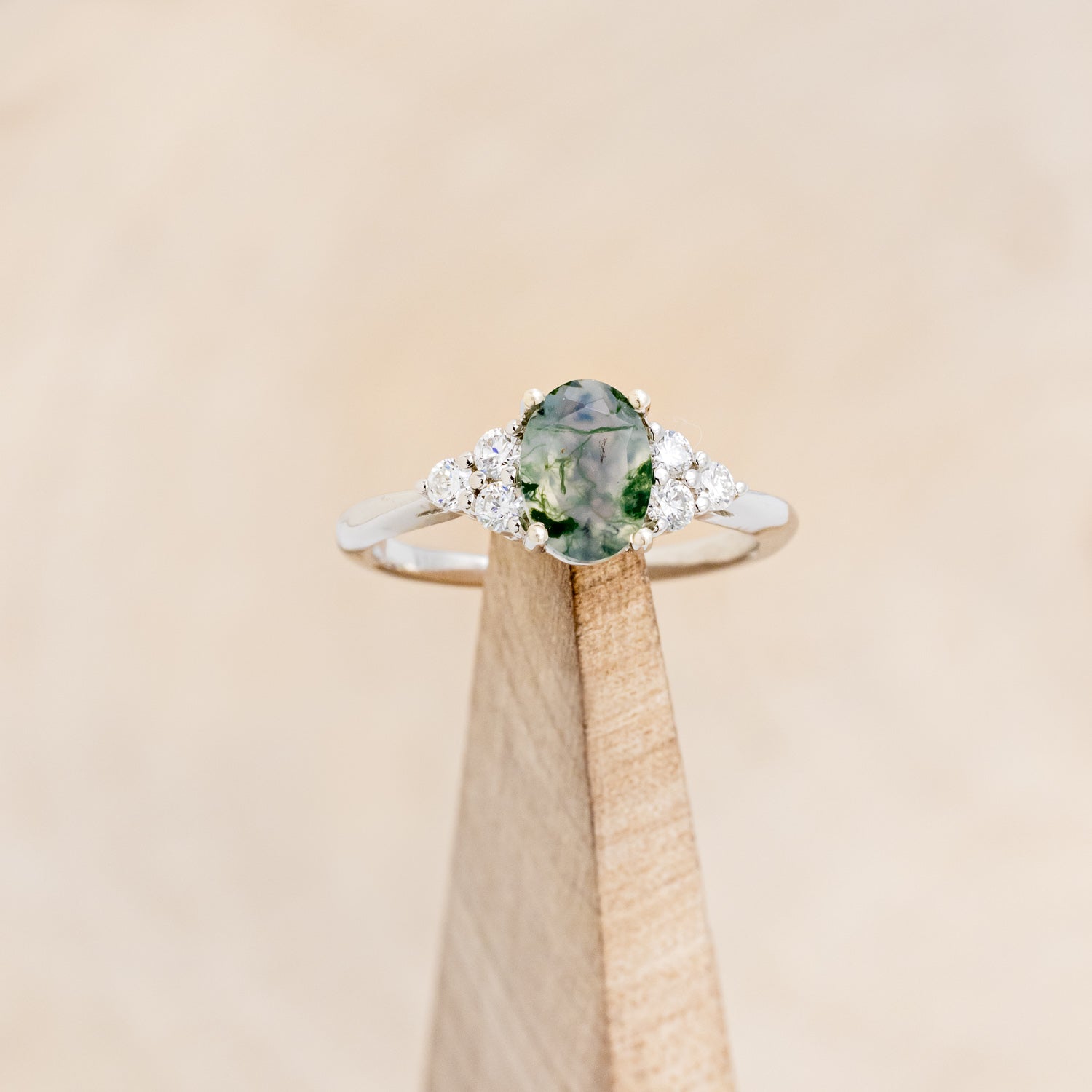"RHEA" - OVAL MOSS AGATE ENGAGEMENT RING WITH DIAMOND ACCENTS - EXPEDITED-11
