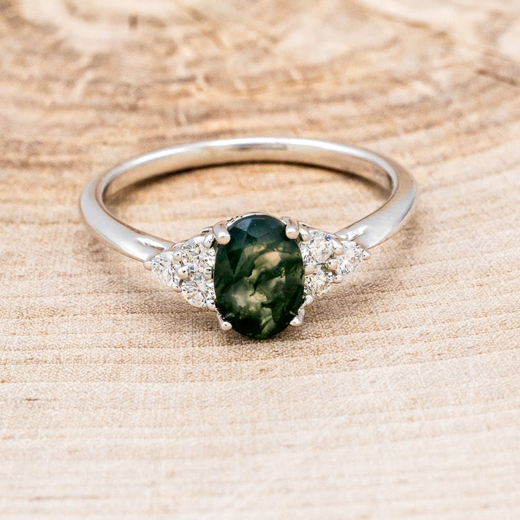 "RHEA" - OVAL MOSS AGATE ENGAGEMENT RING WITH DIAMOND ACCENTS-18