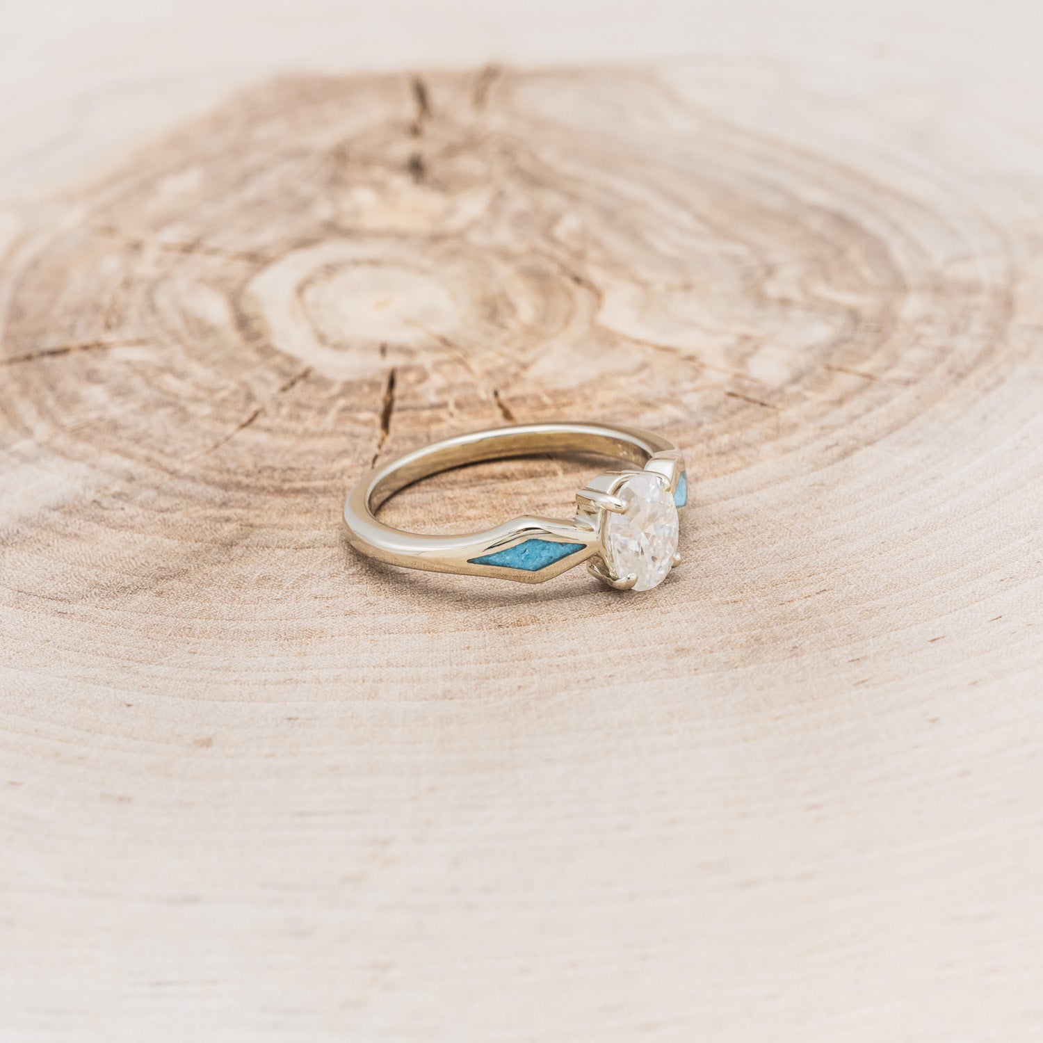 "HERA" - OVAL MOISSANITE ENGAGEMENT RING WITH TURQUOISE INLAYS-2