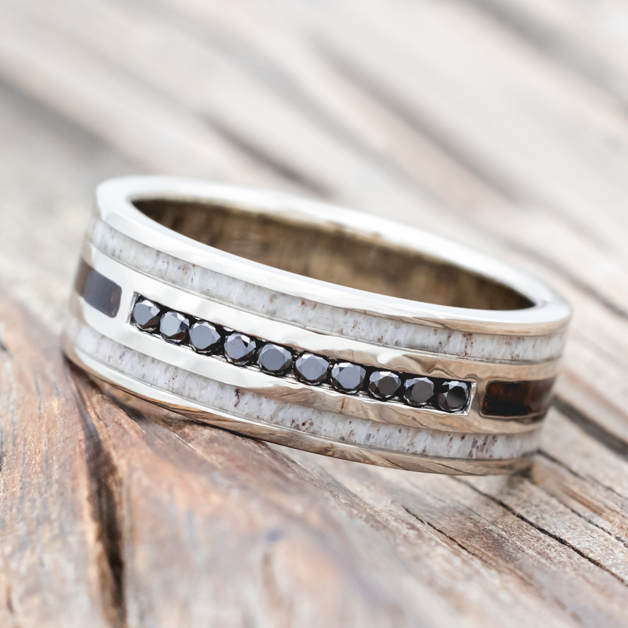 "RIO" - ANTLER & IRONWOOD WEDDING RING WITH BLACK DIAMOND ACCENTS-Staghead Designs
