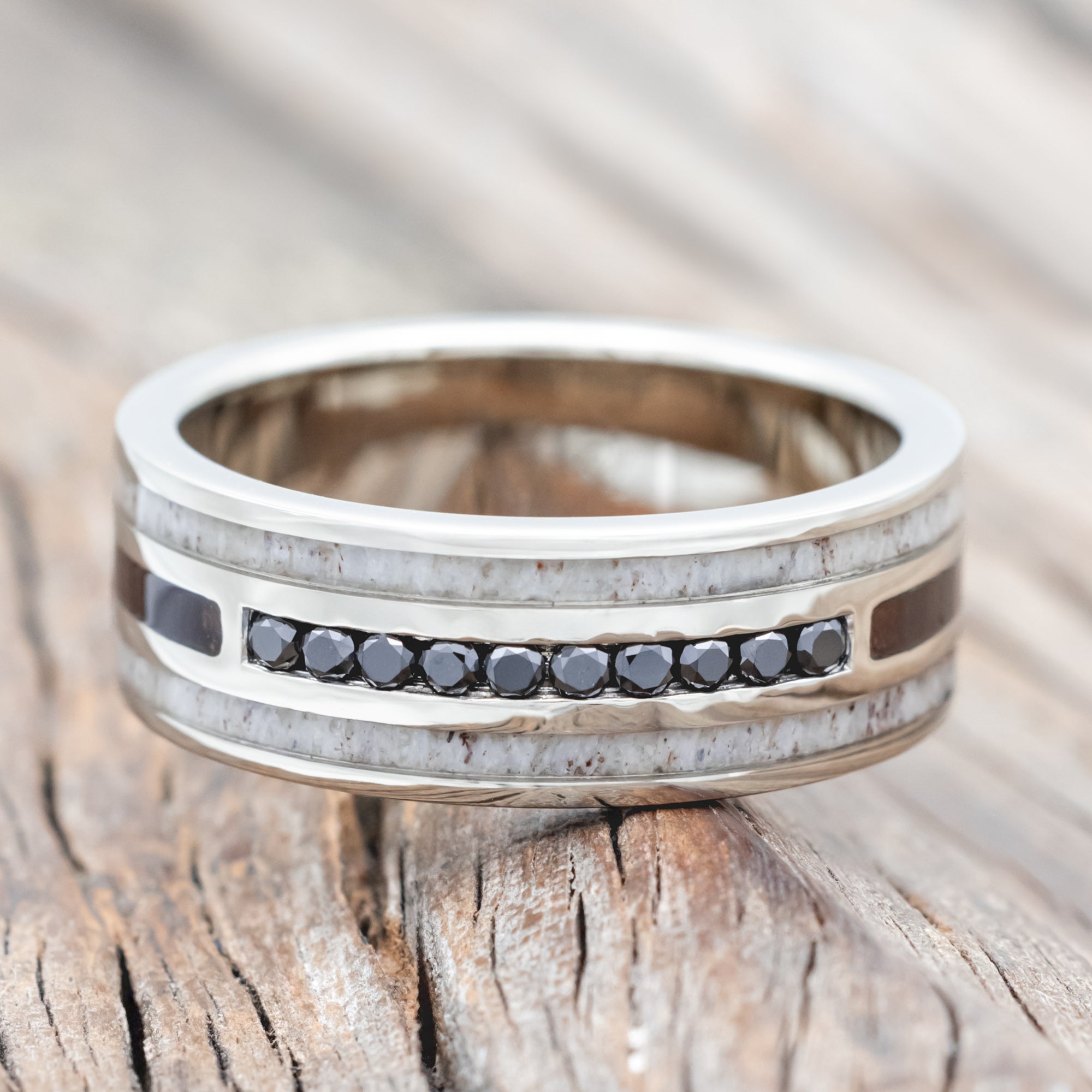 "RIO" - ANTLER & IRONWOOD WEDDING RING WITH BLACK DIAMOND ACCENTS-Staghead Designs