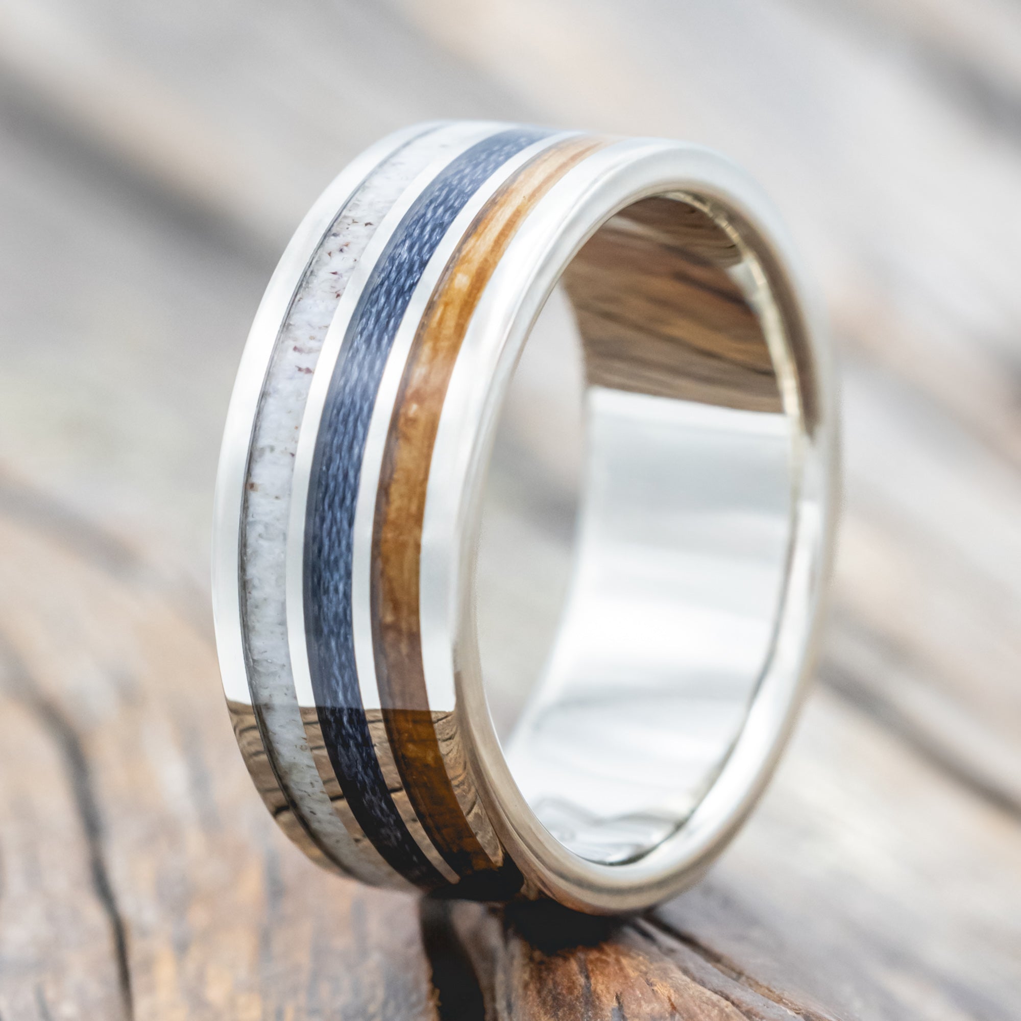 "RIO" - ANTLER, WHISKEY BARREL OAK & GREY BRAIDED FISHING LINE WEDDING BAND