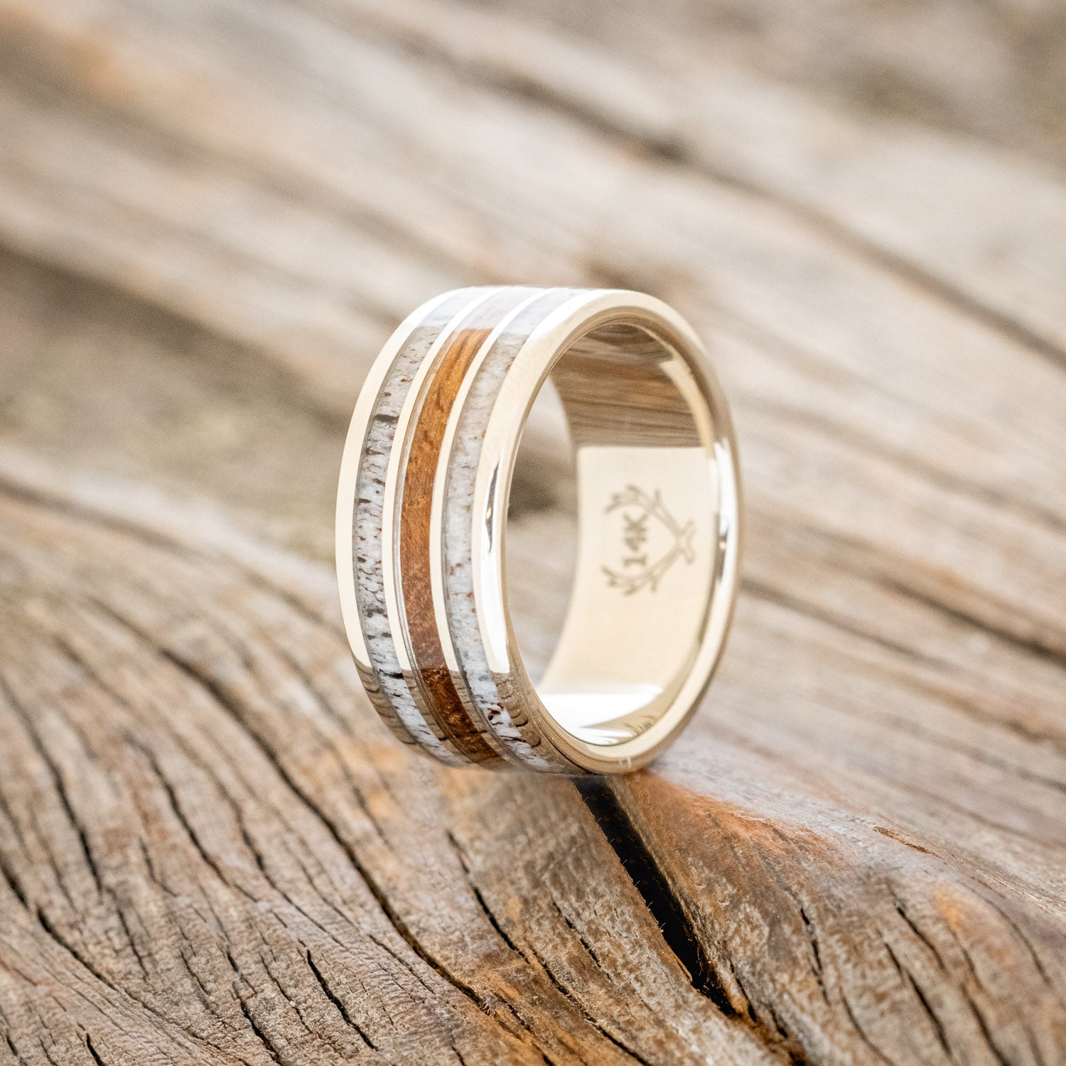 "RIO" - MATCHING SET IRONWOOD & ANTLER WEDDING RINGS FEATURING 14K GOLD BANDS-2