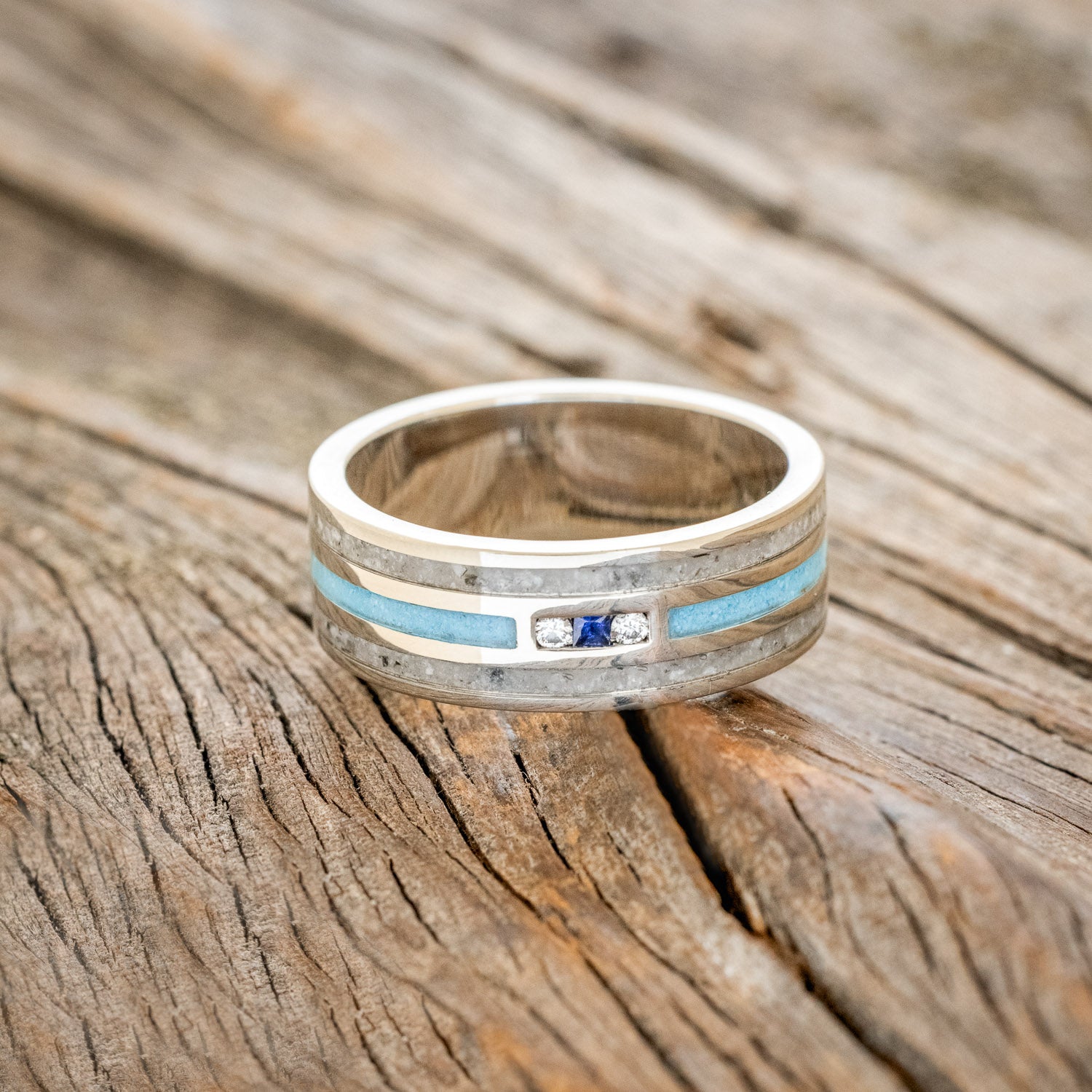 NEED PRICE "Rio" - Genuine Blue Sapphire, Diamonds, Turquoise & Moonstone Wedding Band - 14K White Gold (8mm) - Size 6 3/4-Staghead Designs