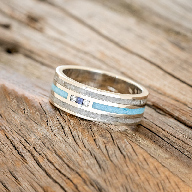 "RIO" - BLUE SAPPHIRE, DIAMONDS, TURQUOISE & MOONSTONE WEDDING BAND