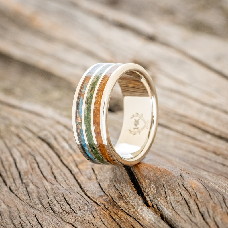 "RIO" - PATINA COPPER, MOSS & WHISKEY BARREL OAK WEDDING RING FEATURING A 14K GOLD BAND-7