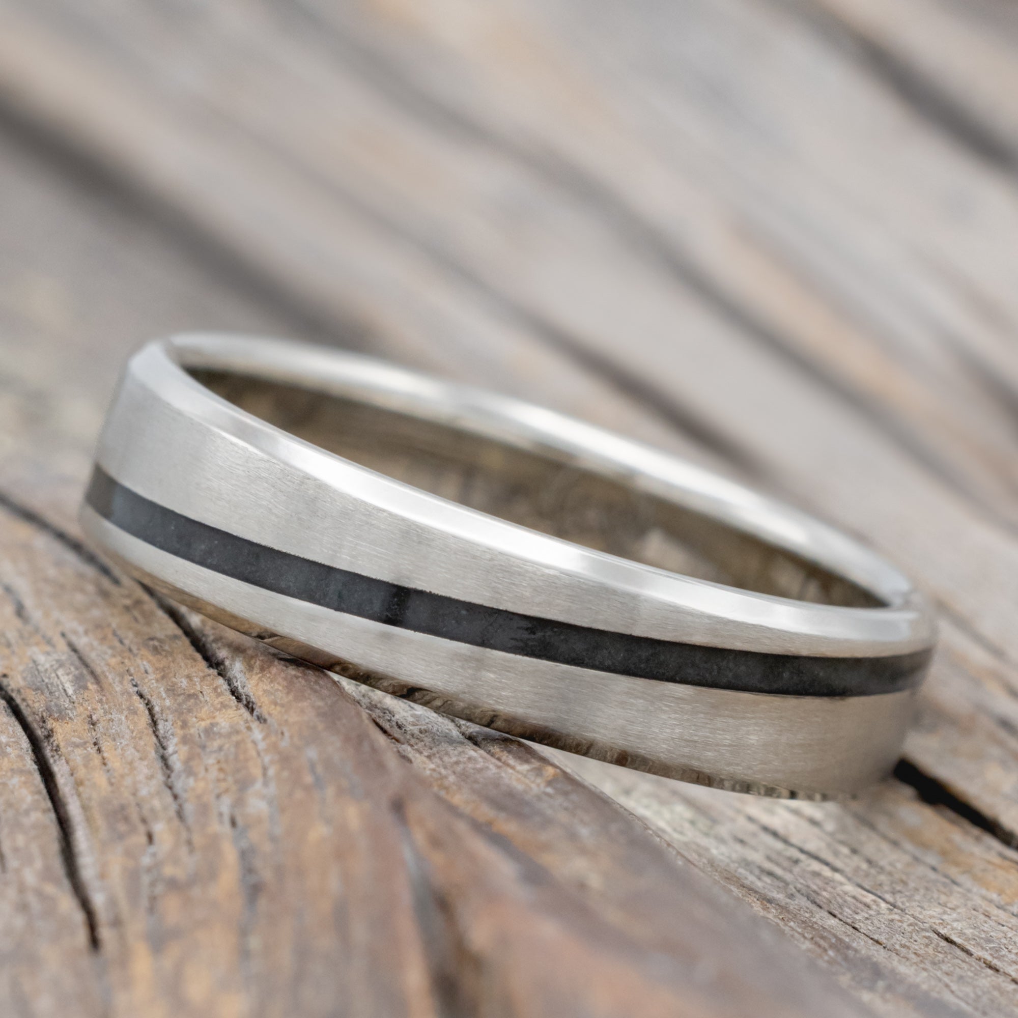 "Ronan" - Wedding Band With An Angled Moldavite & Moss Agate Inlay And A Brushed Finish-Staghead Designs