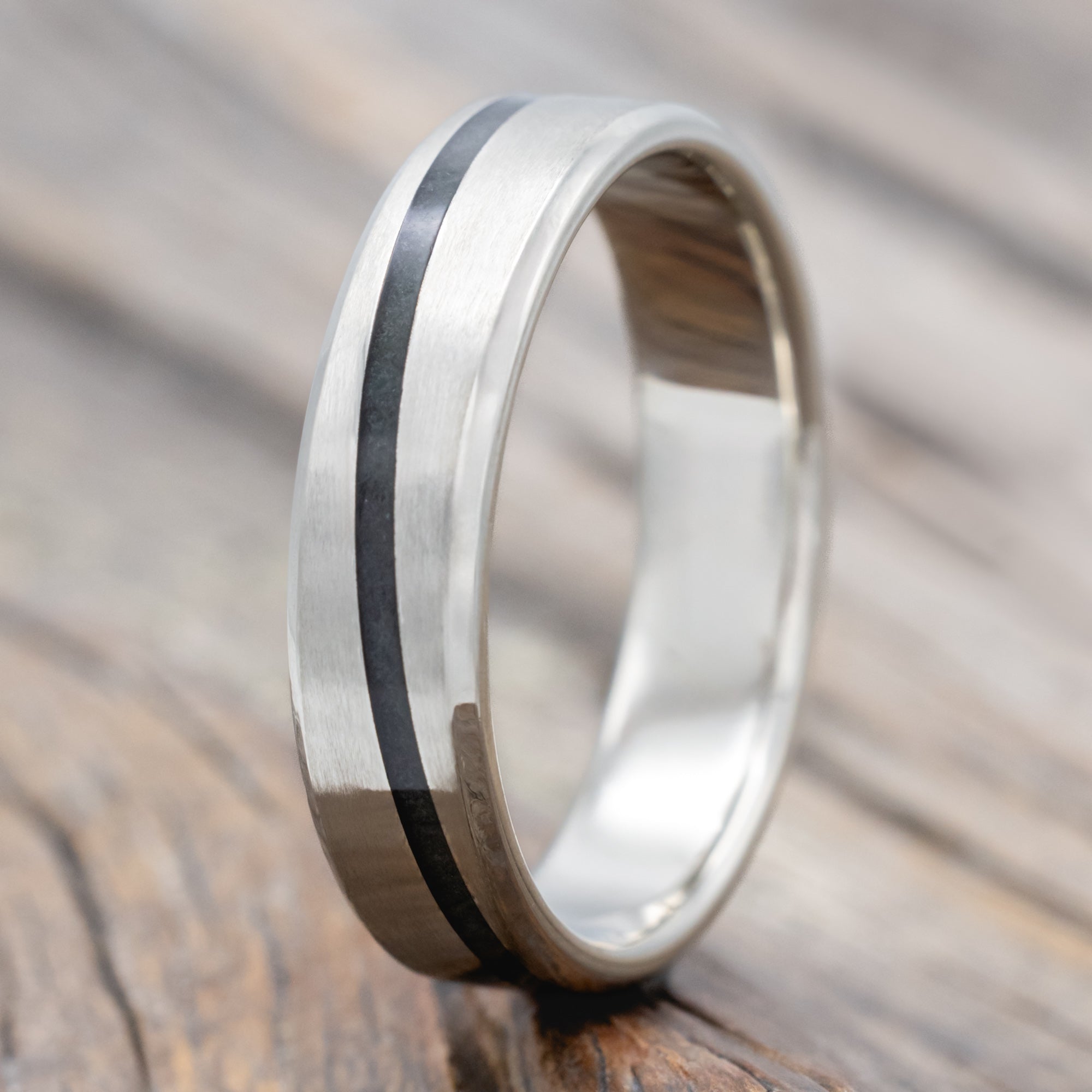 "Ronan" - Wedding Band With An Angled Moldavite & Moss Agate Inlay And A Brushed Finish-Staghead Designs