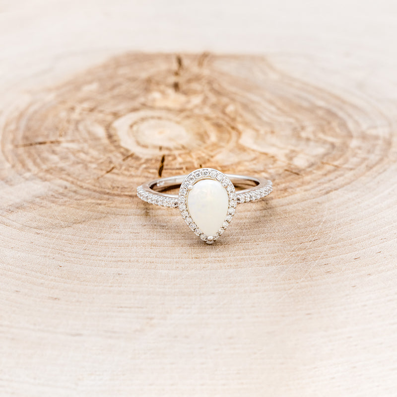 "RORY" - PEAR-SHAPED WHITE OPAL ENGAGEMENT RING WITH DIAMOND HALO & ACCENTS