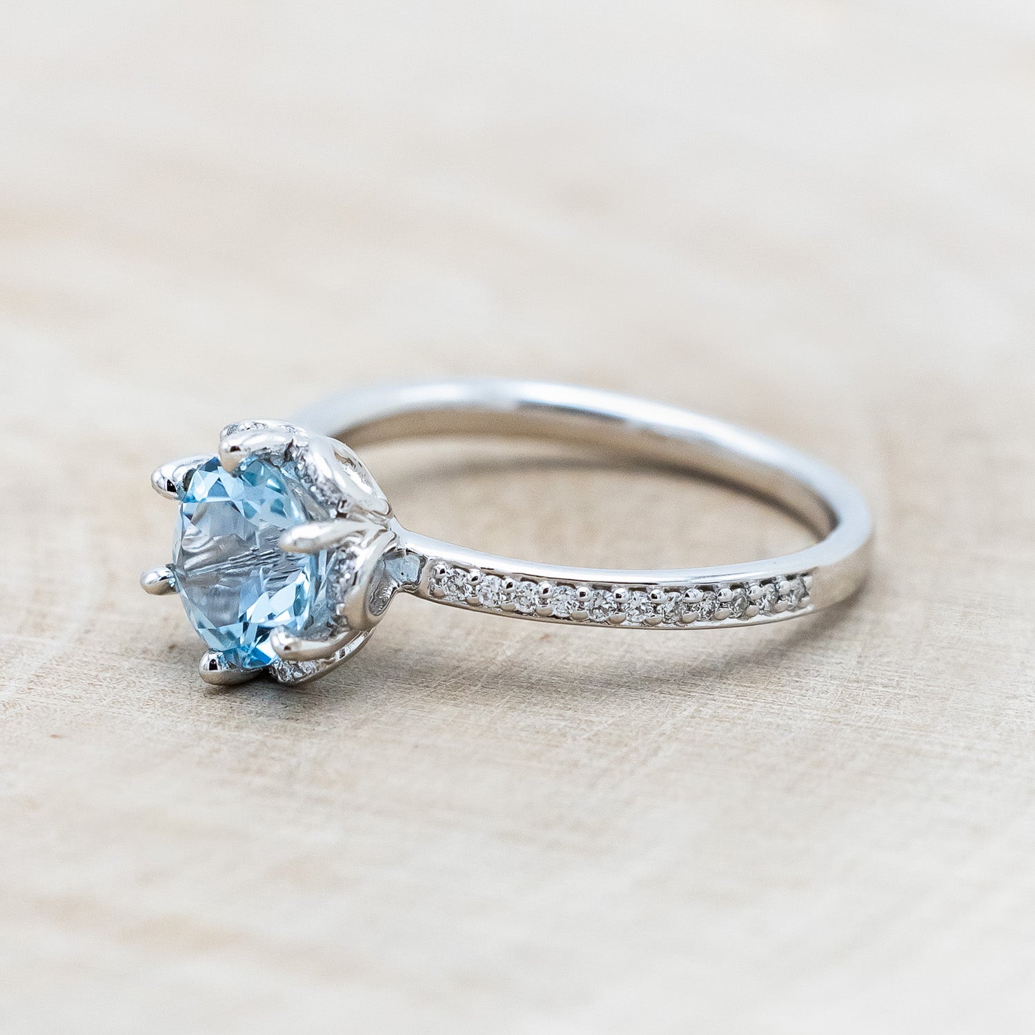 "ROSALIE" - ROUND CUT SKY BLUE TOPAZ ENGAGEMENT RING WITH DIAMOND HALO & ACCENTS-Staghead Designs