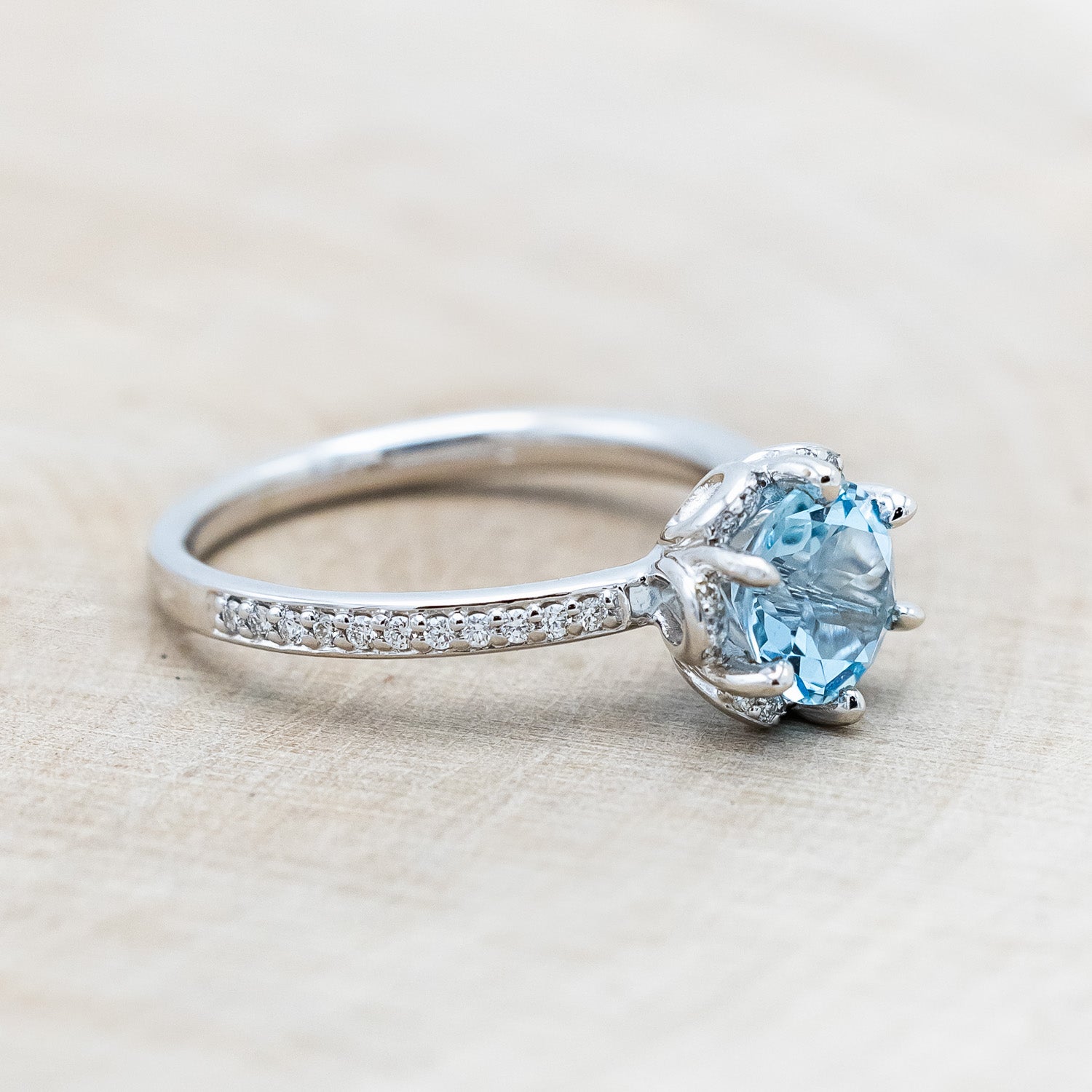 "ROSALIE" - ROUND CUT SKY BLUE TOPAZ ENGAGEMENT RING WITH DIAMOND HALO & ACCENTS-Staghead Designs