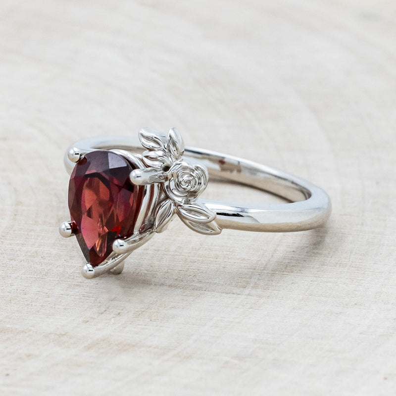 "ROSA" - PEAR CUT MOZAMBIQUE GARNET ENGAGEMENT RING WITH FLOWER ACCENTS-3