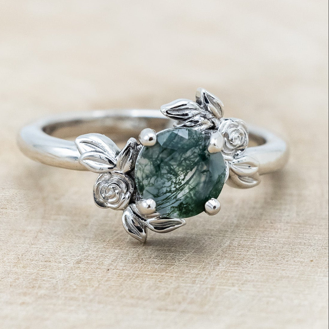 "ROSA" - ROUND CUT MOSS AGATE ENGAGEMENT RING WITH FLOWER ACCENTS-Staghead Designs