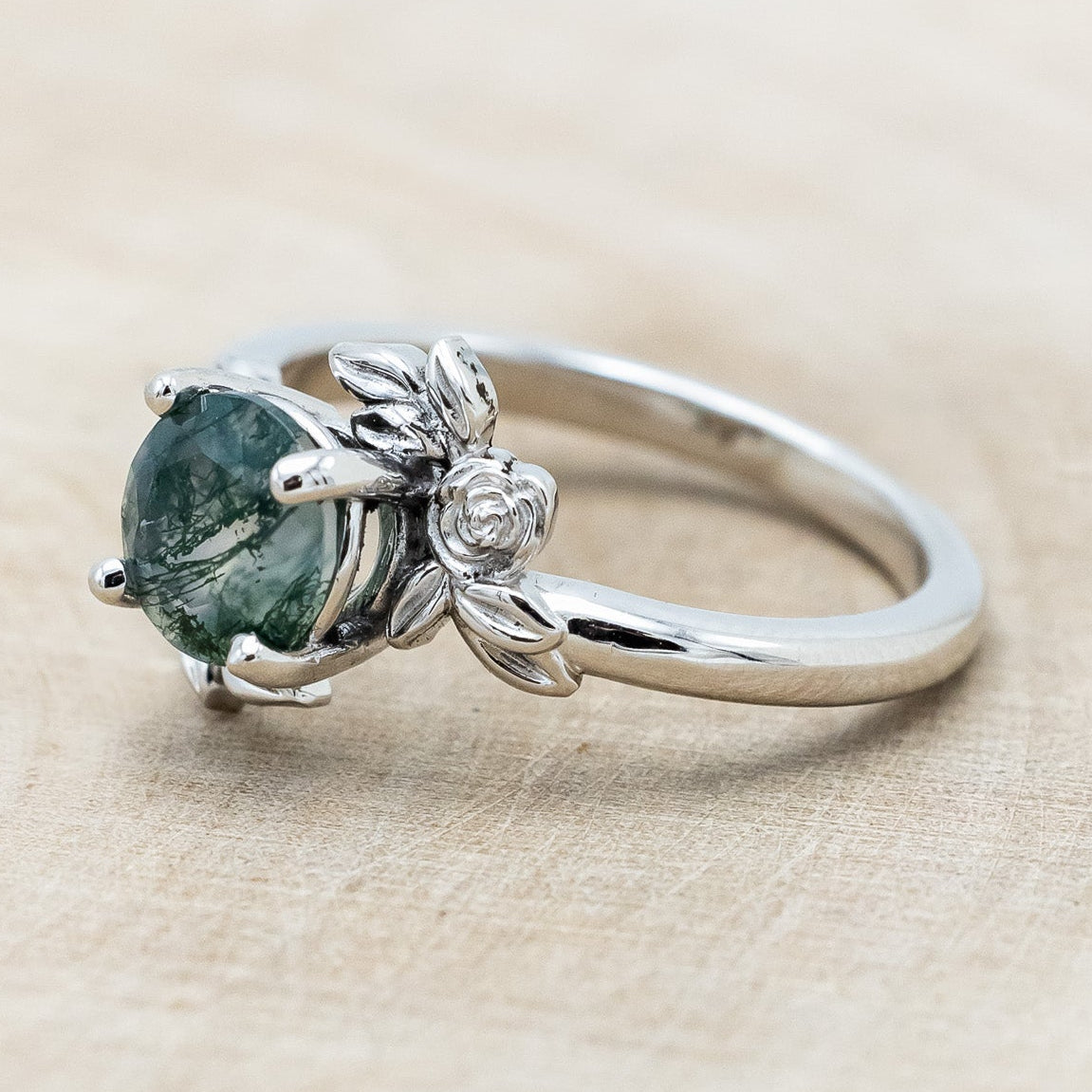 "ROSA" - ROUND CUT MOSS AGATE ENGAGEMENT RING WITH FLOWER ACCENTS-Staghead Designs