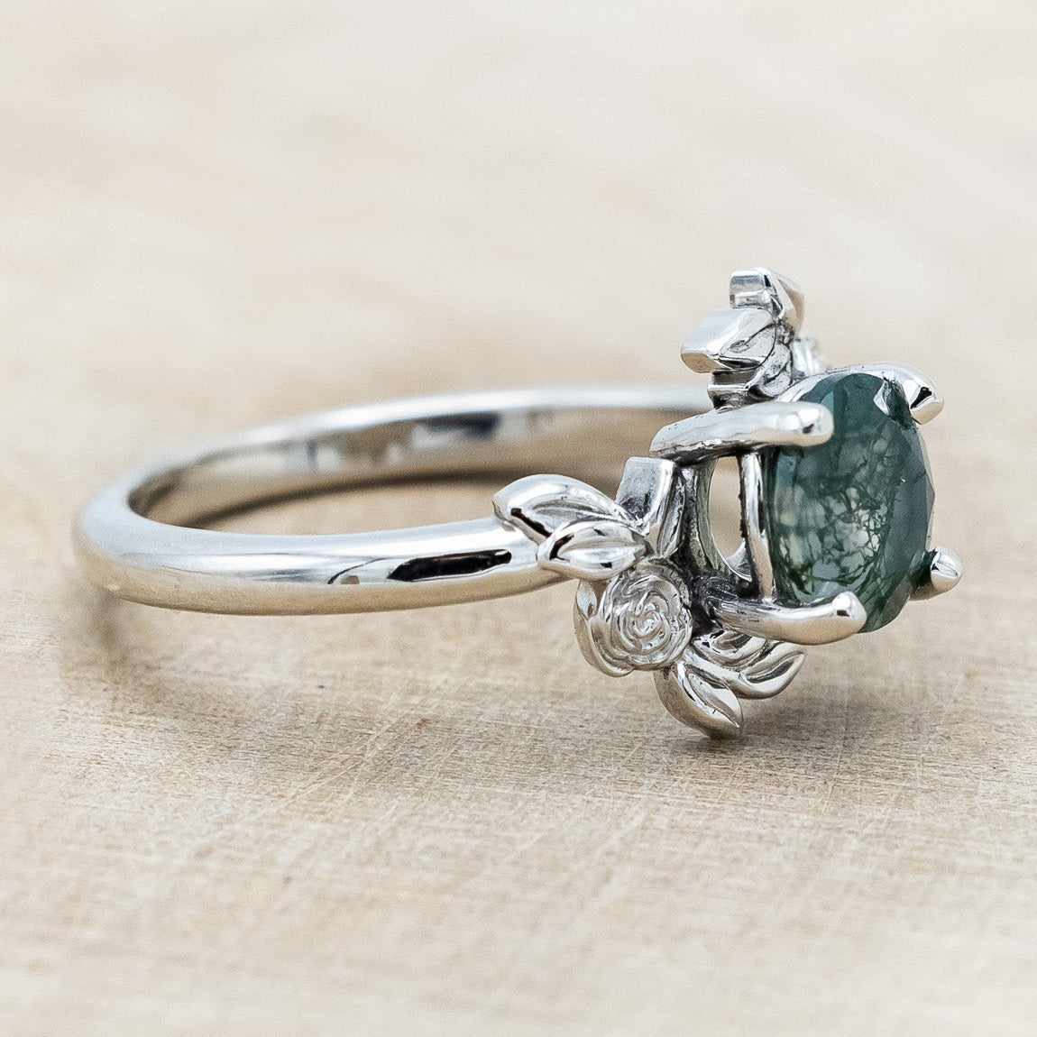 "ROSA" - ROUND CUT MOSS AGATE ENGAGEMENT RING WITH FLOWER ACCENTS-Staghead Designs