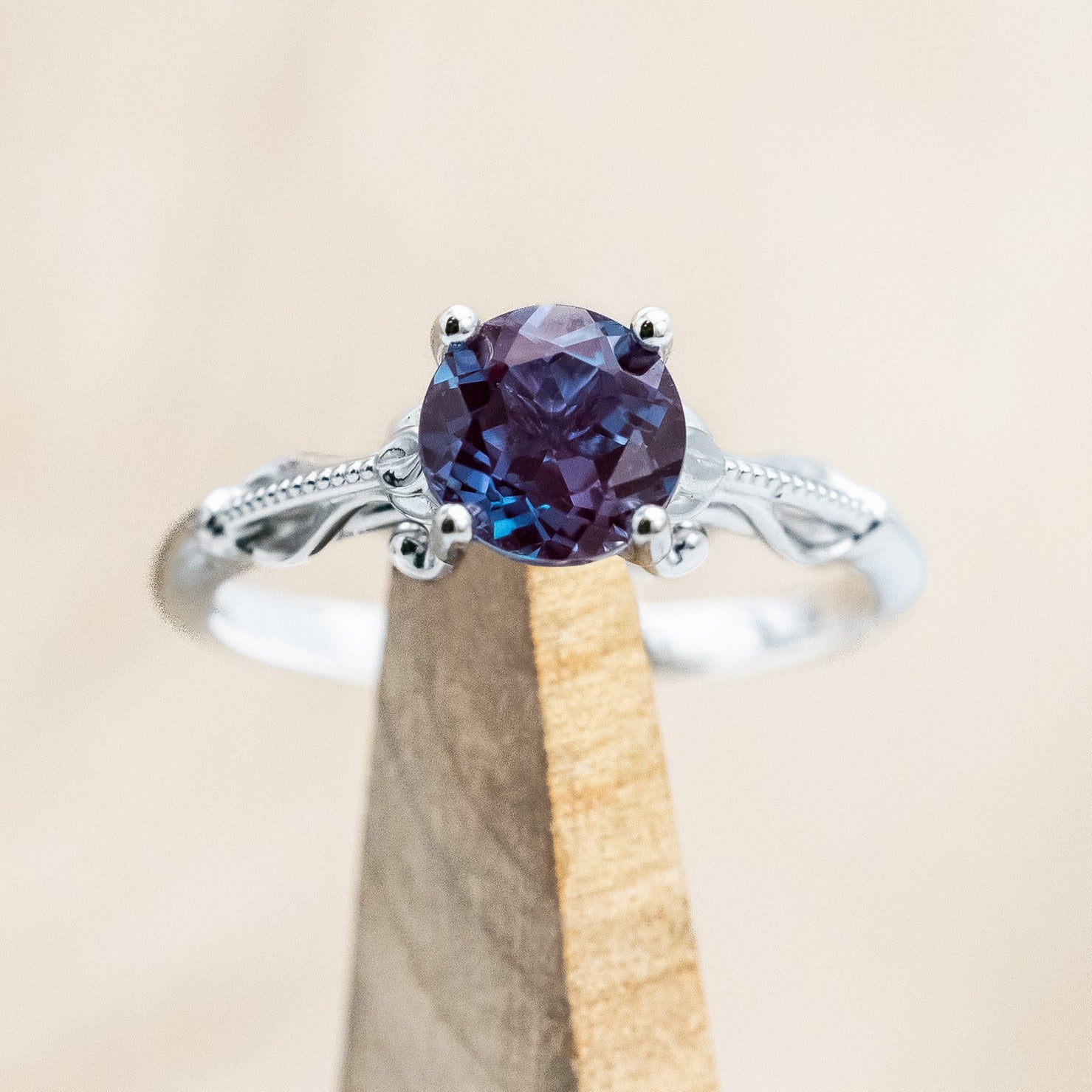 "ROSEMARY" - FLORAL-STYLE ENGAGEMENT RING WITH ROUND CUT LAB-GROWN ALEXANDRITE-Staghead Designs